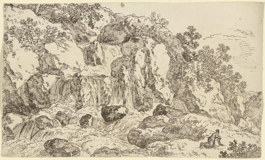 Felslandschaft mit Wasserfall, rechts eine auf allen Vieren kriechende Gestalt de Franz Innocenz Josef Kobell