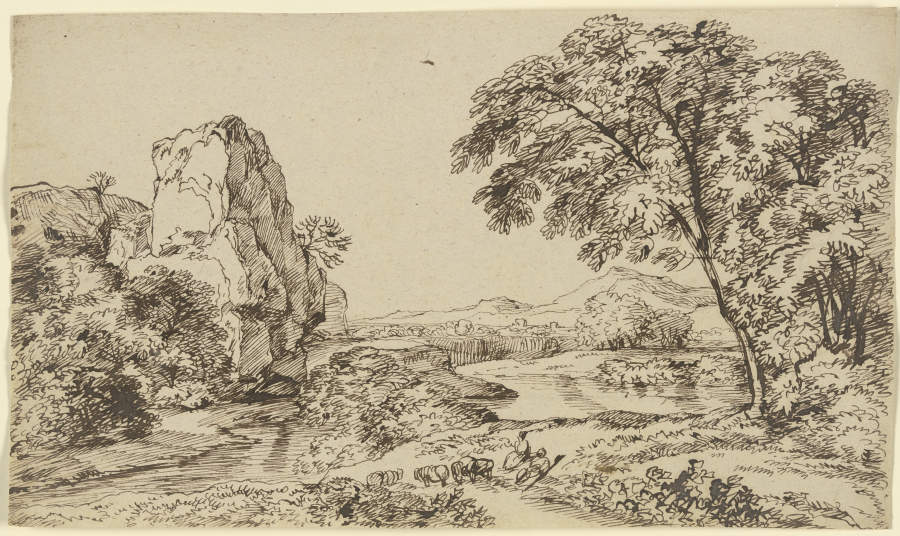 Felsturm an einem Gewässer, im Vordergrund weidendes Vieh de Franz Innocenz Josef Kobell