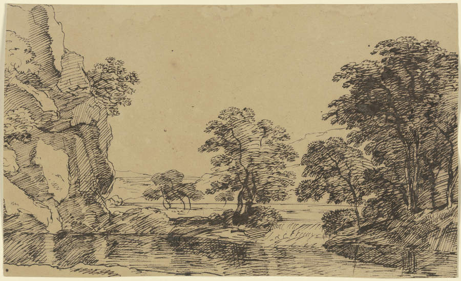 Felswand an einem Gewässer, rechts Ausblick auf Bäume und Berge de Franz Innocenz Josef Kobell