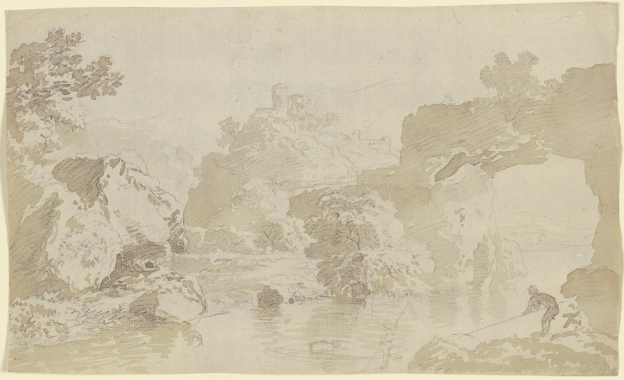 Flusslandschaft mit Felsentor, Anglern einer Burg im Mittelgrund de Franz Innocenz Josef Kobell
