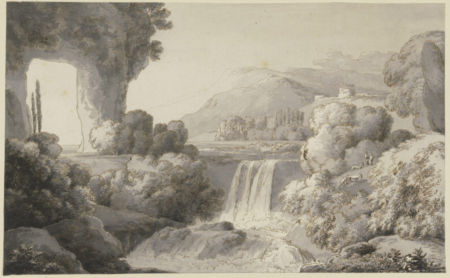 Flußlandschaft mit Wasserfall, links ein Felsentor de Franz Innocenz Josef Kobell