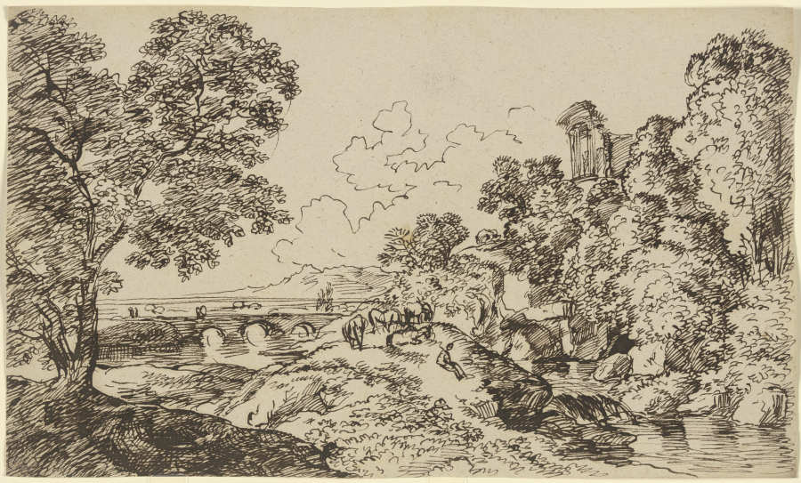 Flusslandschaft mit weidender Herde, im Mittelgrund eine Brücke und die Ruine eines Monopteros de Franz Innocenz Josef Kobell