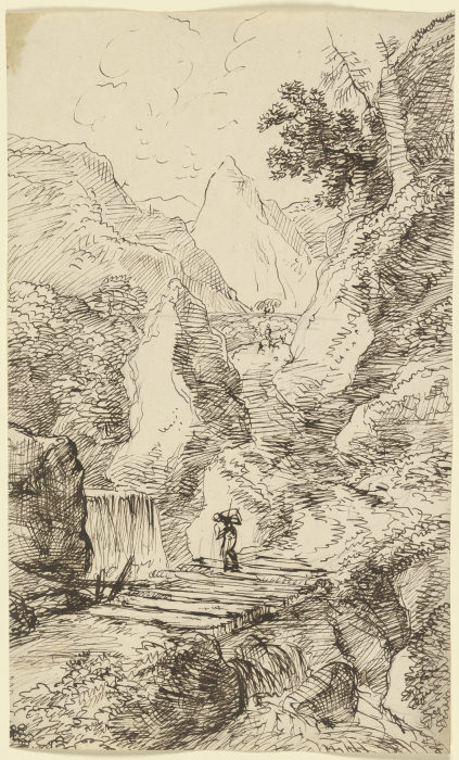 Gebirgslandschaft mit einem Wasserfall, im Vordergrund überquert ein Wanderer eine Holzbrücke de Franz Innocenz Josef Kobell