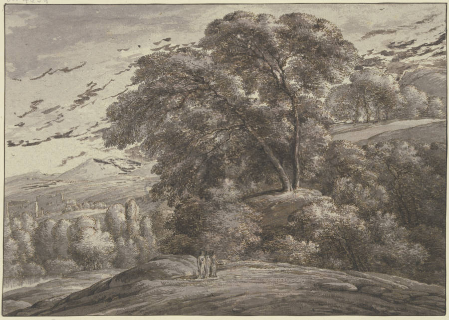 Gebirgslandschaft mit hohen Bäumen und drei Frauengestalten de Franz Innocenz Josef Kobell