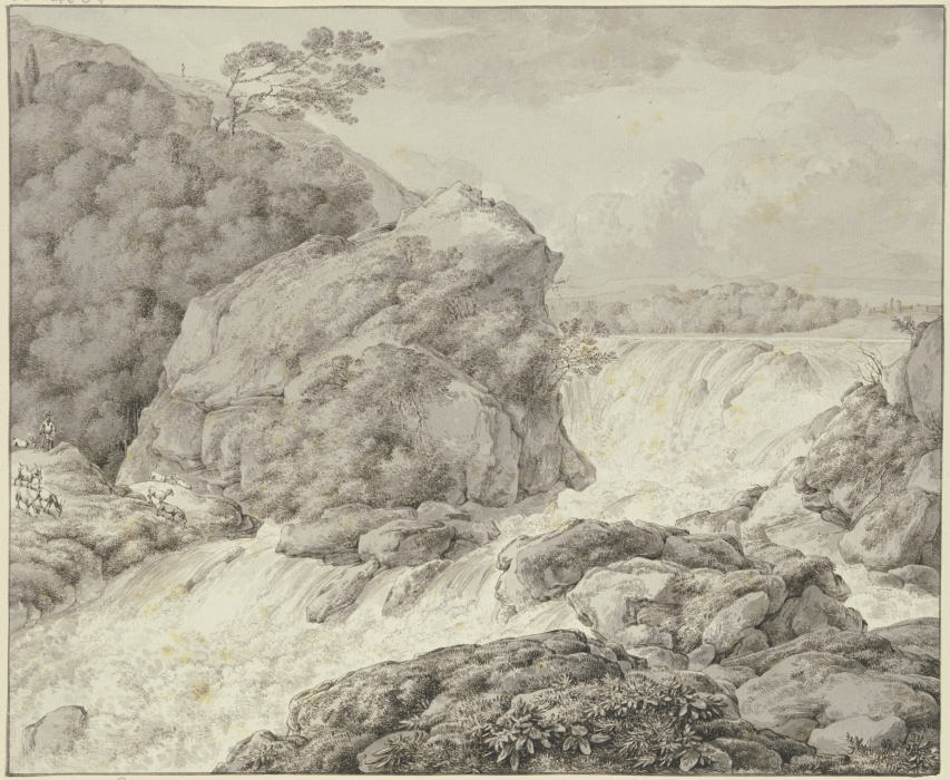 Gebirgslandschaft mit Wasserfall und Herde de Franz Innocenz Josef Kobell