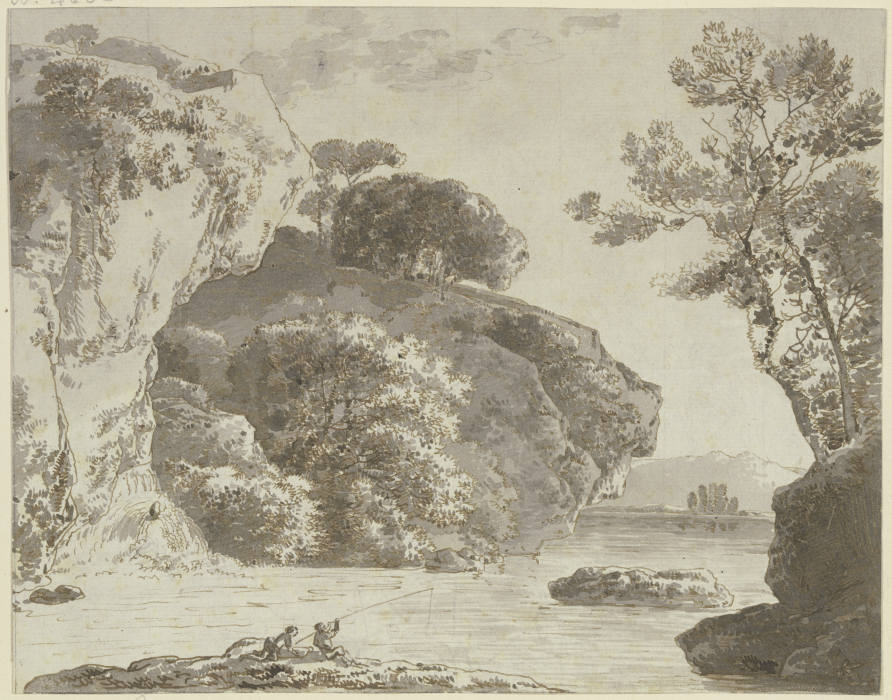Gewässer bei hohen Felsen, im Vordergrund zwei Angler de Franz Innocenz Josef Kobell