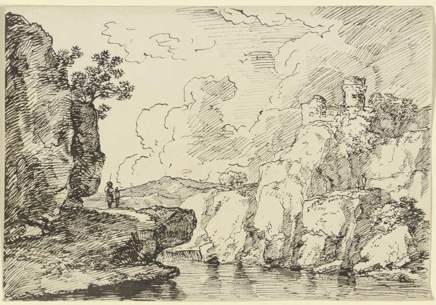 Gewässer, links auf dem Felsvorsprung zwei Wanderer, rechts auf dem Felssporn eine Burgruine de Franz Innocenz Josef Kobell