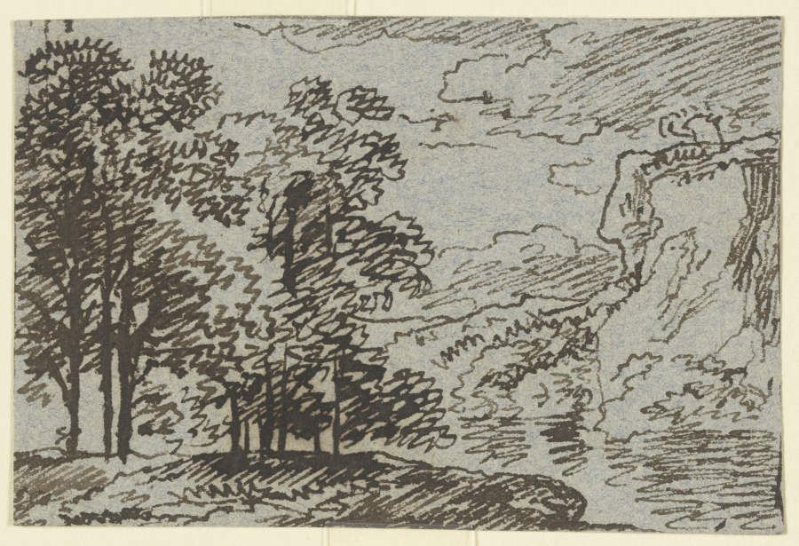Gewässer, links ein Wäldchen, rechts ein Felssporn de Franz Innocenz Josef Kobell