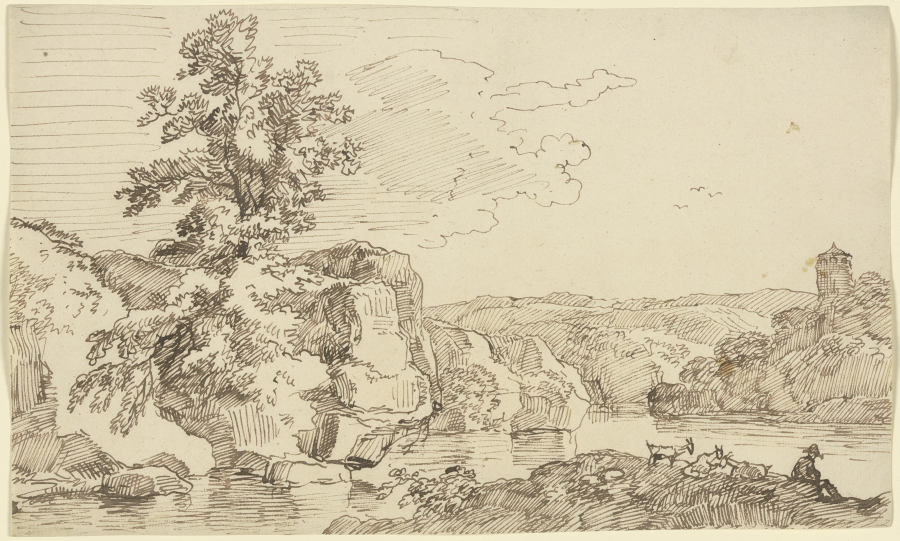 Gewässer mit Felsufer, im Vordergrund ein Hirte mit Ziegen de Franz Innocenz Josef Kobell