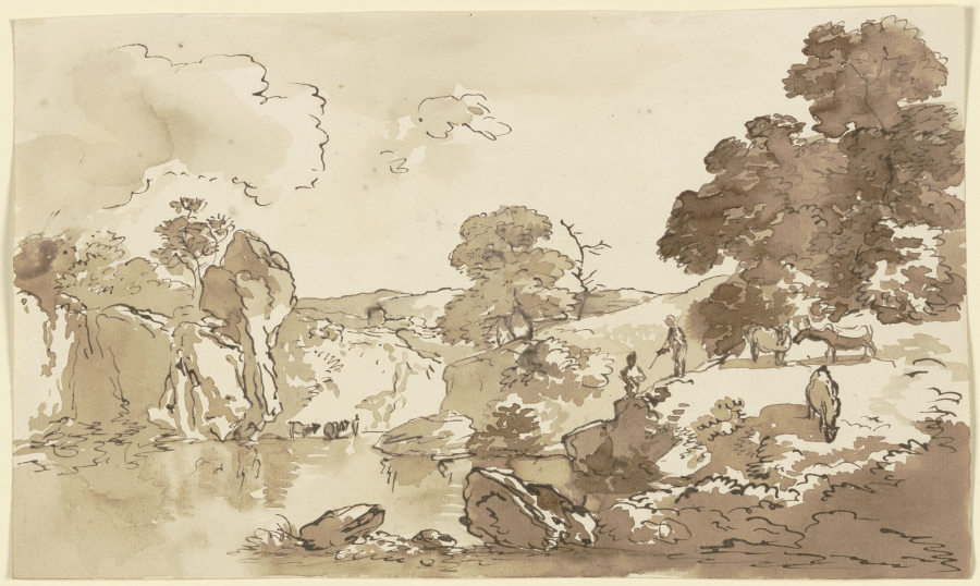 Gewässer mit hoher Uferböschung, rechts weidendes Vieh de Franz Innocenz Josef Kobell
