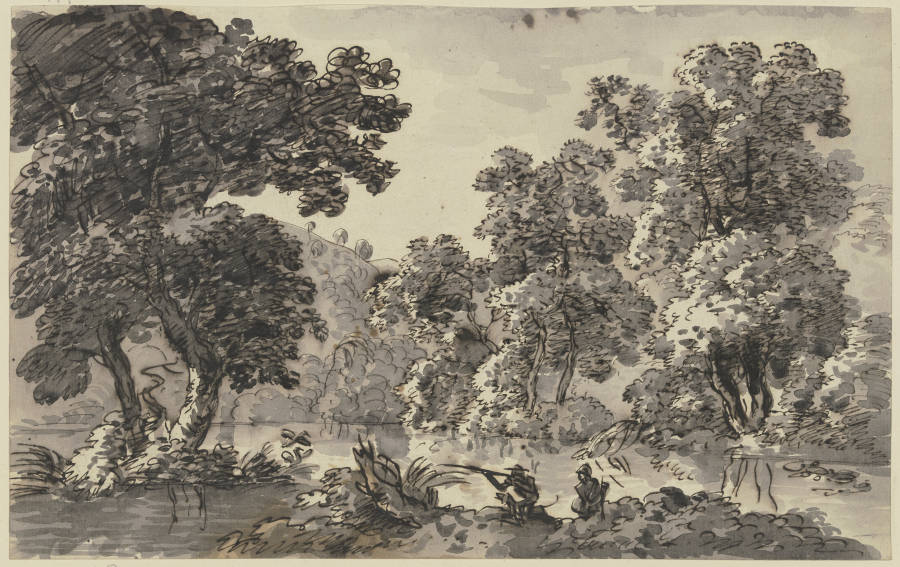 Gewässer unter Bäumen, am Ufer zwei Jäger de Franz Innocenz Josef Kobell