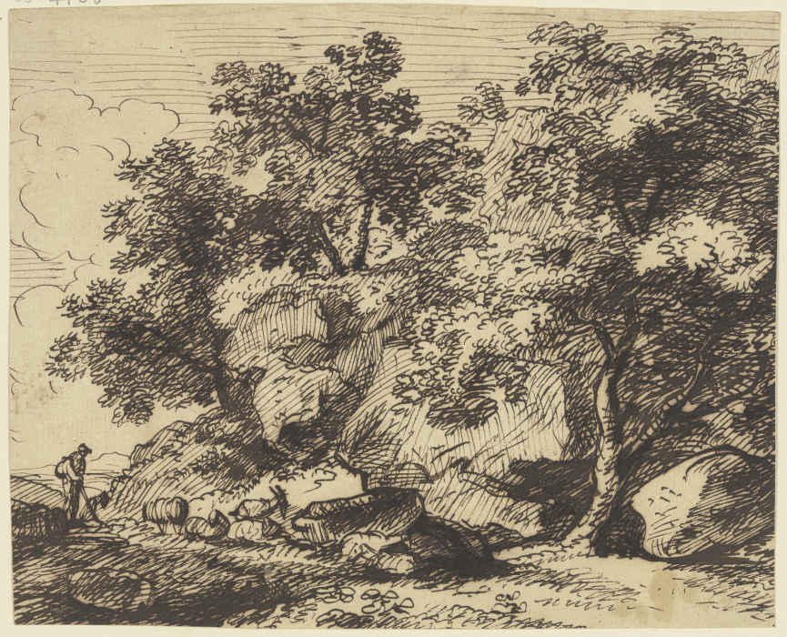 Hirt und Herde in felsiger Landschaft mit Bäumen de Franz Innocenz Josef Kobell