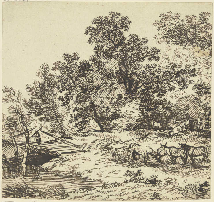 Hirt und Herde unter Bäumen, links eine Brücke de Franz Innocenz Josef Kobell