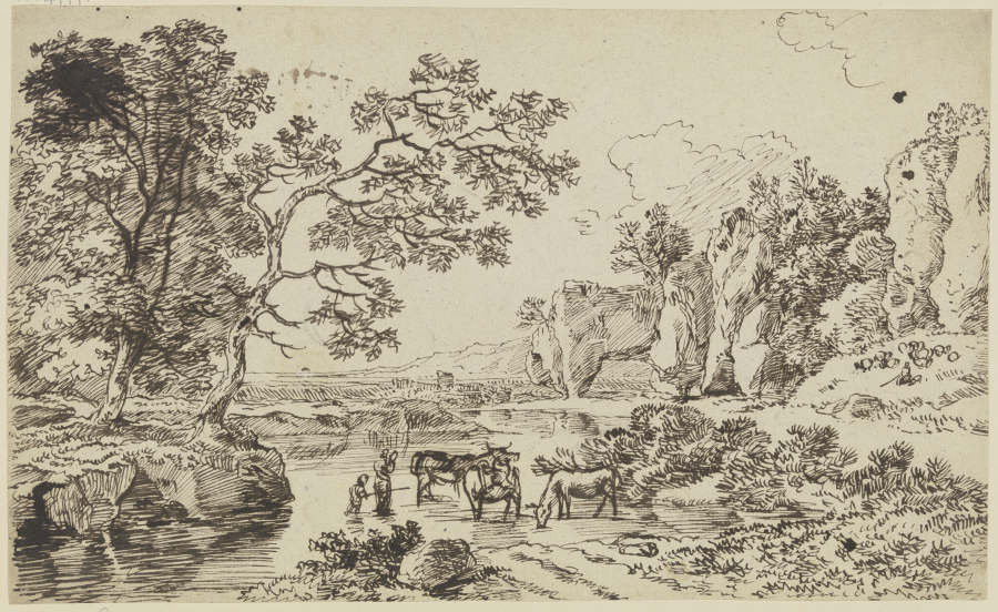 Hirten mit Vieh an einem Fluß de Franz Innocenz Josef Kobell