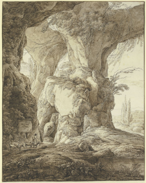 Hohe Felsenhöhle mit antiken Denkmälern und einem Ziegenhirten de Franz Innocenz Josef Kobell