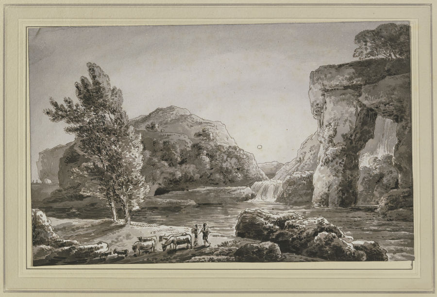 Ideallandschaft mit Wasserfall und einer Viehherde mit zwei Hirten de Franz Innocenz Josef Kobell