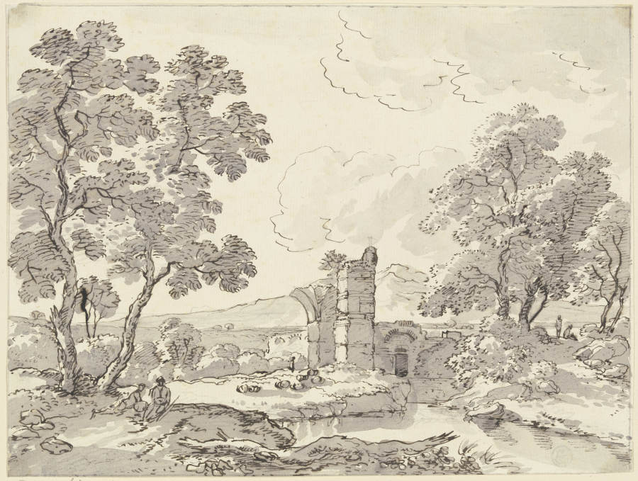 Landschaft mit antiken Ruinen, Hirten und Herde de Franz Innocenz Josef Kobell
