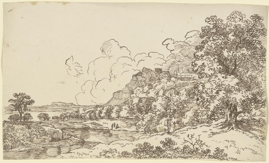 Landschaft mit Gewässer, rechts auf einem Berg eine Festungsanlage de Franz Innocenz Josef Kobell