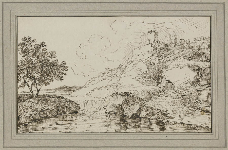 Landschaft mit Wasserfall, rechts auf dem Berg eine Ruine de Franz Innocenz Josef Kobell