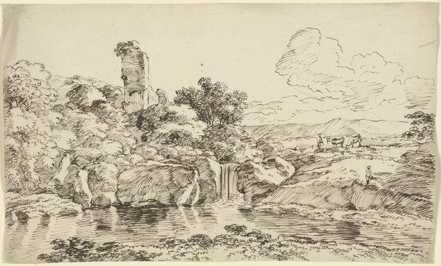 Ruine und weidendes Vieh an einem Gewässer de Franz Innocenz Josef Kobell