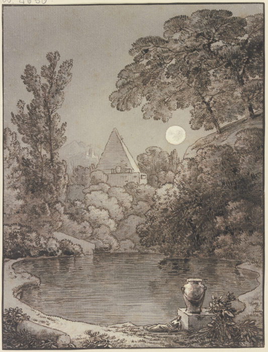 See bei Mondschein, im Hintergrund eine Pyramide de Franz Innocenz Josef Kobell