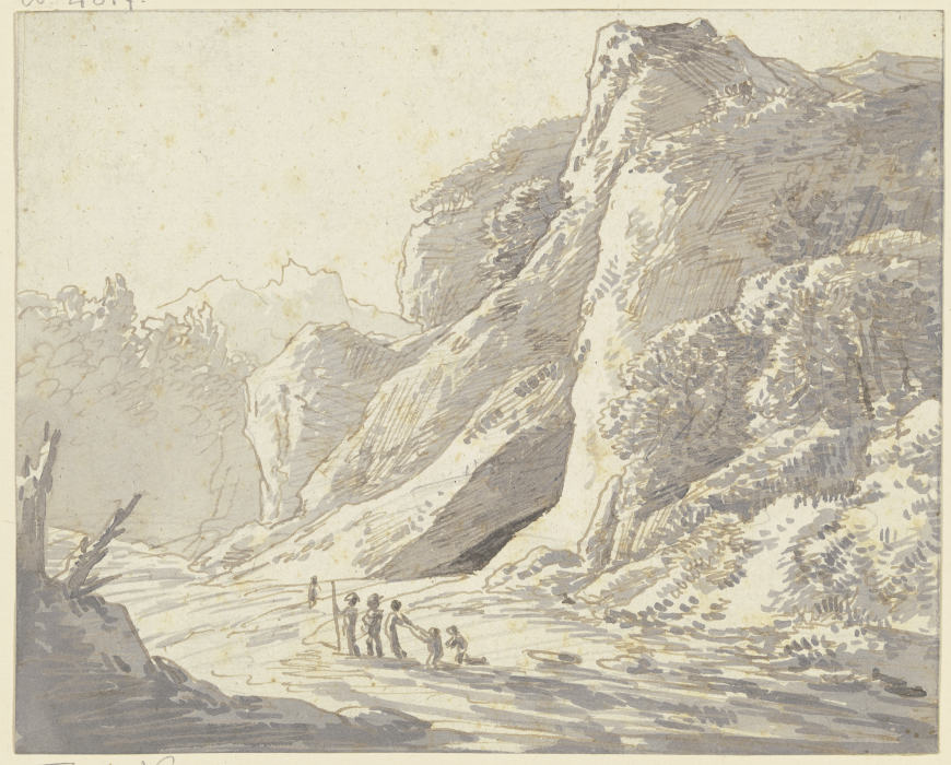 Steile Felspartie, im Vordergrund Staffagefiguren de Franz Innocenz Josef Kobell