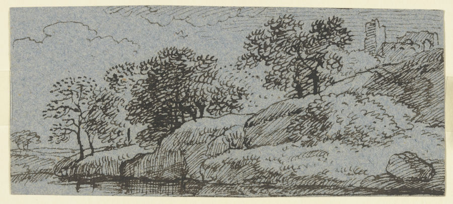 Uferböschung mit Bäumen, im Hintergrund eine Burgruine de Franz Innocenz Josef Kobell