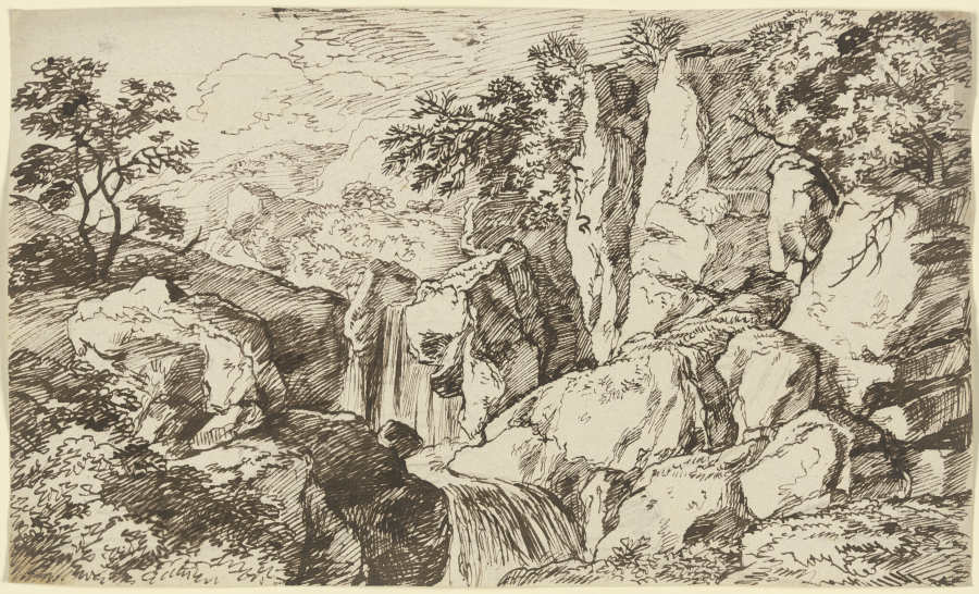 Wasserfall entlang einer Felswand im Gebirge de Franz Innocenz Josef Kobell