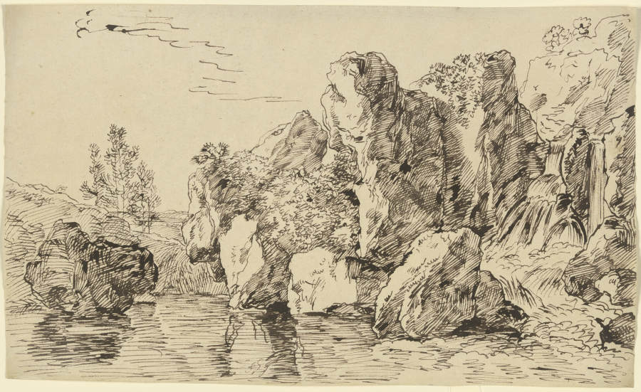 Zerklüftete Felsen an einem Gewässer de Franz Innocenz Josef Kobell