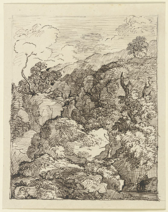 Zerklüftete Felspartie, im Vordergrund ein zerborstener Baum de Franz Innocenz Josef Kobell
