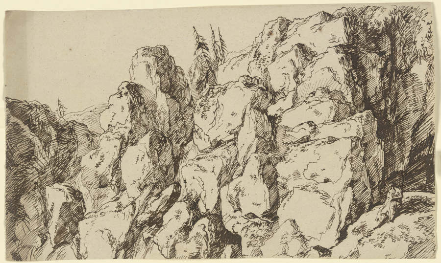 Zerklüftete Felswand, vorne rechts eine am Hang sitzende Gewandfigur de Franz Innocenz Josef Kobell