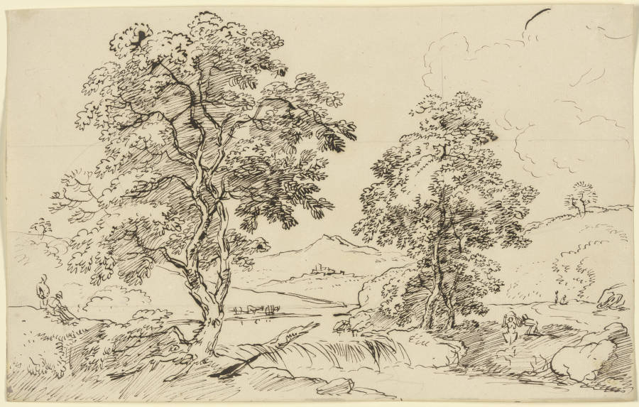 Zwei Bäume links und rechts eines Baches de Franz Innocenz Josef Kobell