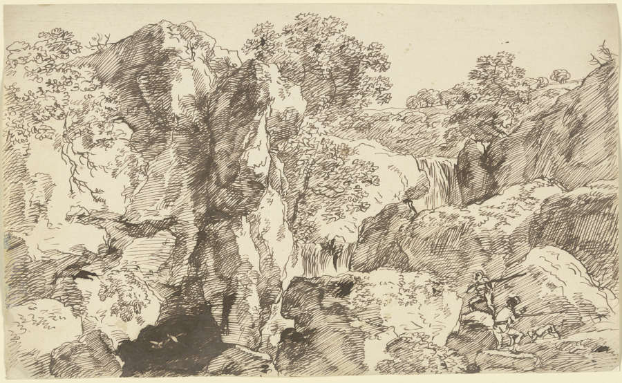 Zwei Jäger mit Hund in einer Felswand stehend de Franz Innocenz Josef Kobell