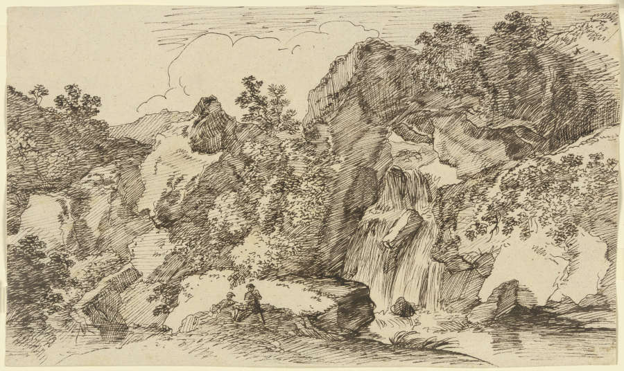 Zwei Wanderer am Wasserfall im Gebirge ruhend de Franz Innocenz Josef Kobell