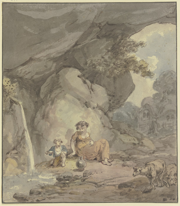 Junge Frau mit ihrem Kind an einer Felsenquelle rastend, rechts zwei Schafe de Franz Joseph Manskirsch