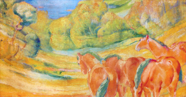Große Landschaft I (Landschaft mit roten Pferden) de Franz Marc