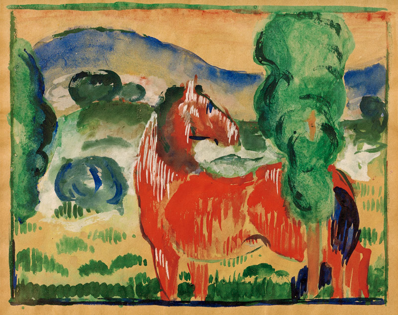 Red horse in a colourful landscape de Franz Marc