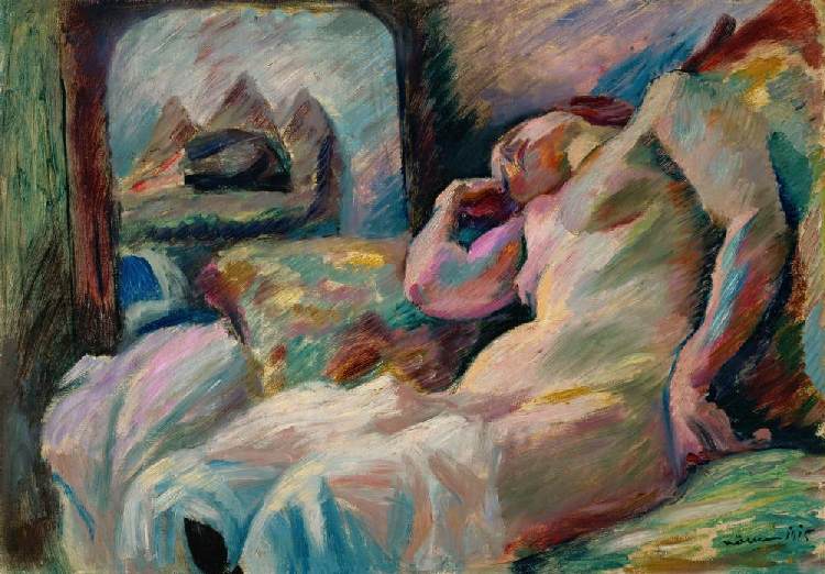 Schlafender weiblicher Akt vor einem Spiegel de Franz Nolken