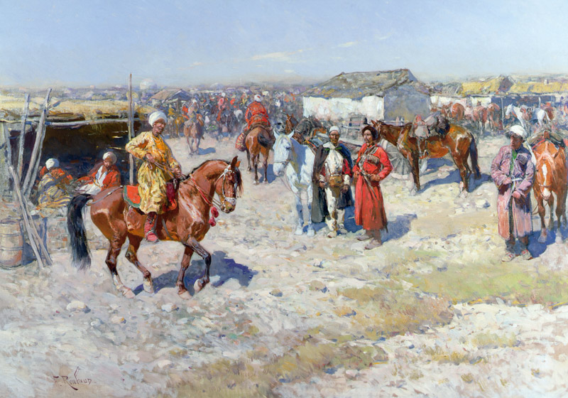Central Asian Horse Market (oil on canvas) de Franz Roubaud