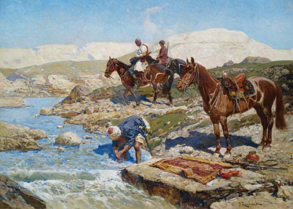 Cherkessian Horseman Crossing the River de Franz Roubaud