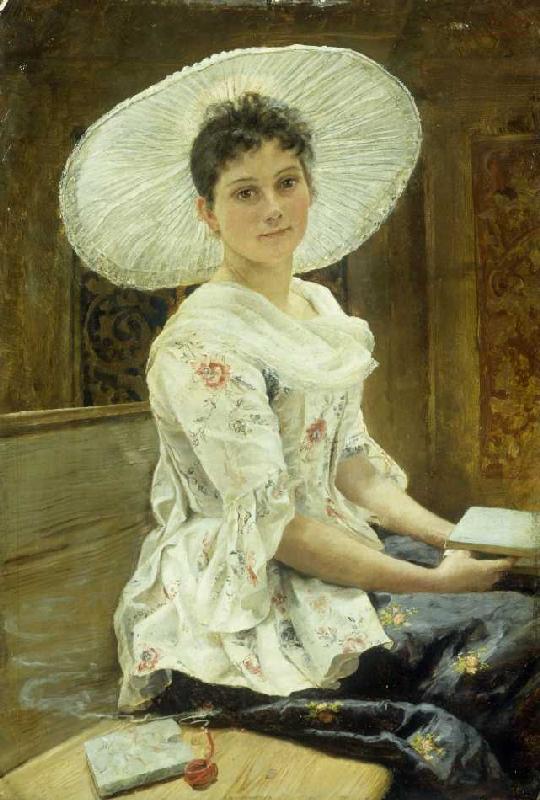Junge Frau mit weißem Hut. de Franz Simm