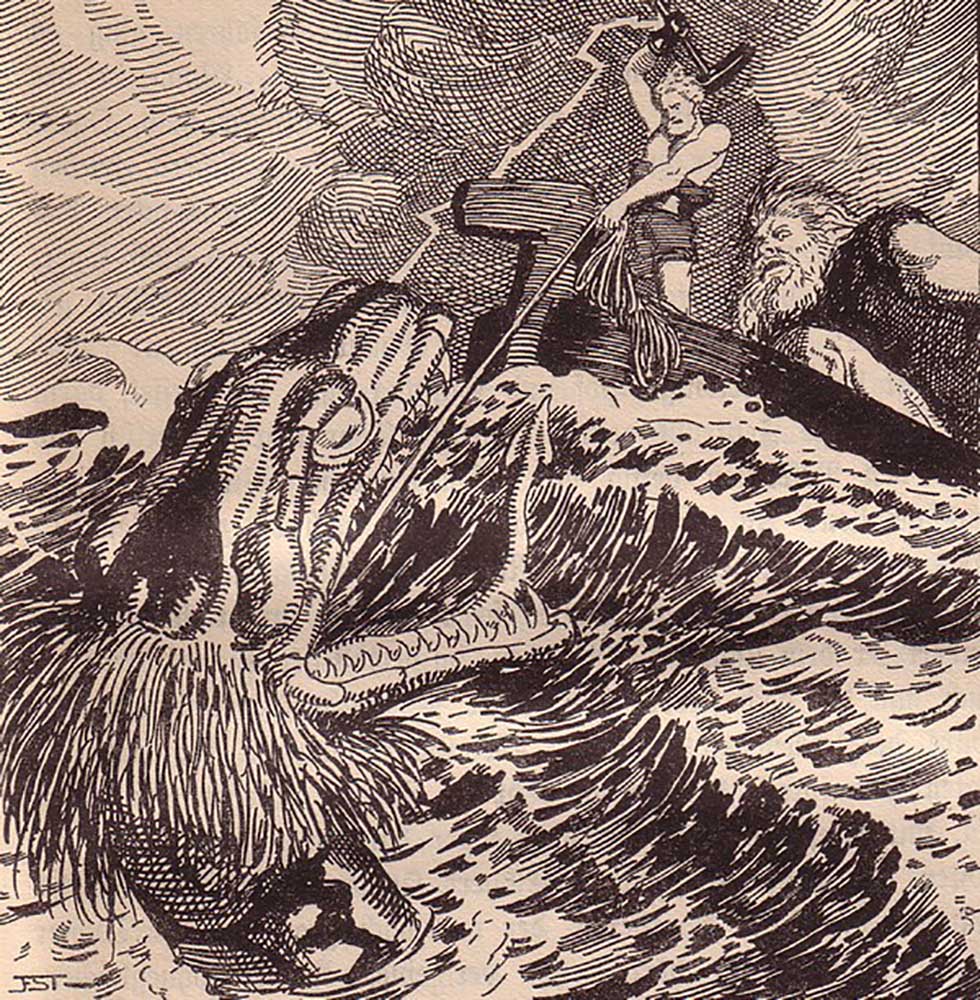 Thor and Hymir Fishing the Midgard Serpent. Illustration for "The Edda: Germanic Gods and Heroes" by de Franz Stassen