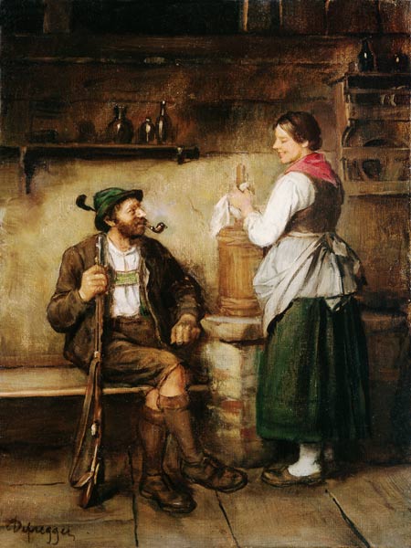 Hunter and maid in the Kuchl at happy Geplauder de Franz von Defregger