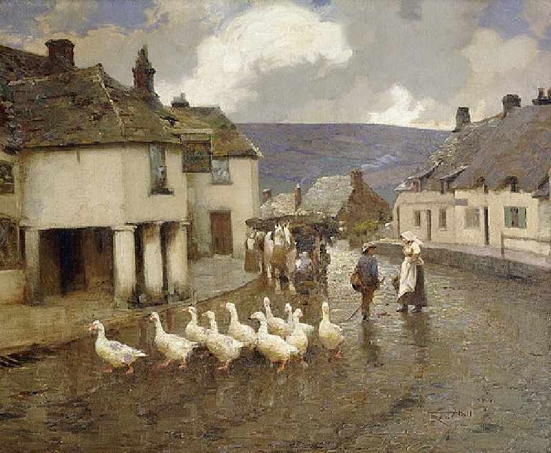 A flock of goose in front of the Greyhound Pub at Corfe Castle, Dorset de Fred Hall