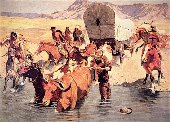 Indians attacking a pioneer wagon train de Frederic Remington