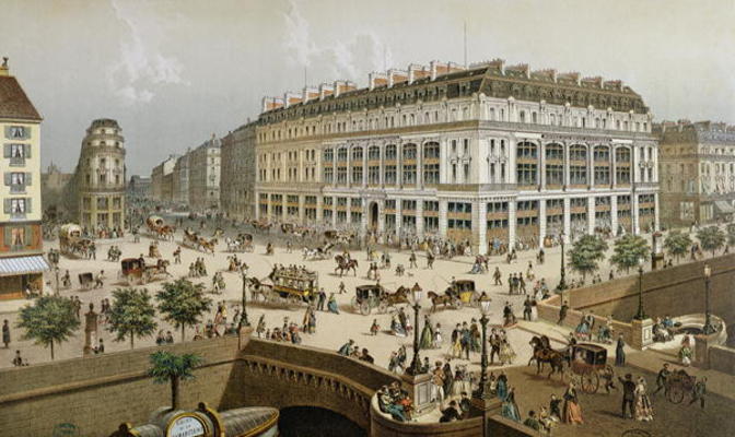 View of 'La Belle Jardiniere' department store and the Pont Neuf, c.1870-80 (colour litho) de Frederic Sorrieu