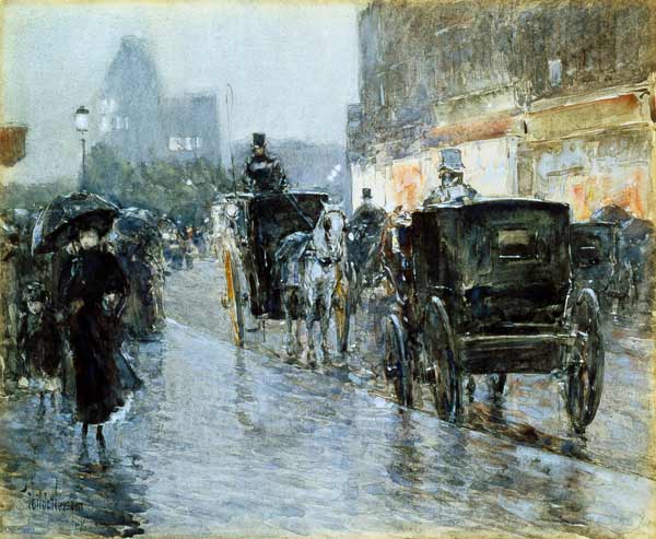 Horse Drawn Cabs at Evening, New York de Frederick Childe Hassam