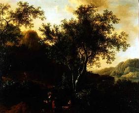 Italianate Lake Landscape with Travellers on a Path