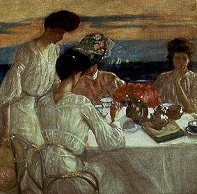 Ladies at the in the afternoon tea on the terrace de Frederick Karl Frieseke
