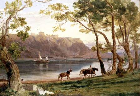 River landscape with barge horses de Frederick Lee Bridell